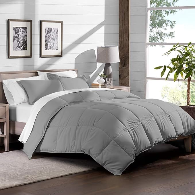 H&H Decor Luxurious & Super Soft 1 Piece Comforter 300 GSM & 4 Pcs Sheet Set 100% Egyptian Cotton 1000 Thread Count Pattern Solid (Full, Light Grey,Solid)