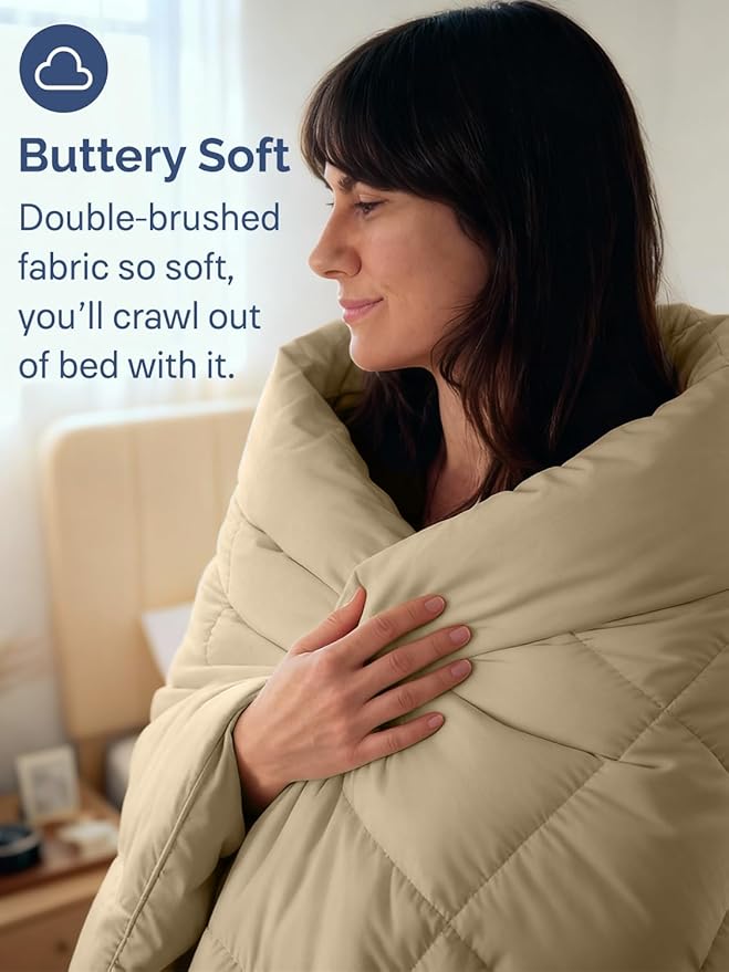 Cal King Size, Beige Alternative Down Comforter - Warm, Lightweight & Breathable Hotel Quality Bedding Set for Men, Women, Kids & Teens - All Season Oversized Cooling Microfiber Duvet Insert Comforter