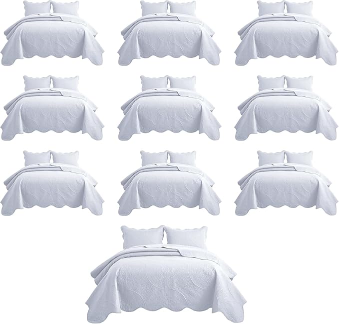 MOONLIGHT20015 10 Pack Twin Quilt Bedding Set (68" x 86") - Bulk Wholesale for Hotels, Guest Bedroom & Airbnbs - Lightweight Microfiber Reversible Floral Embossed Quilts Bedspreads (White)