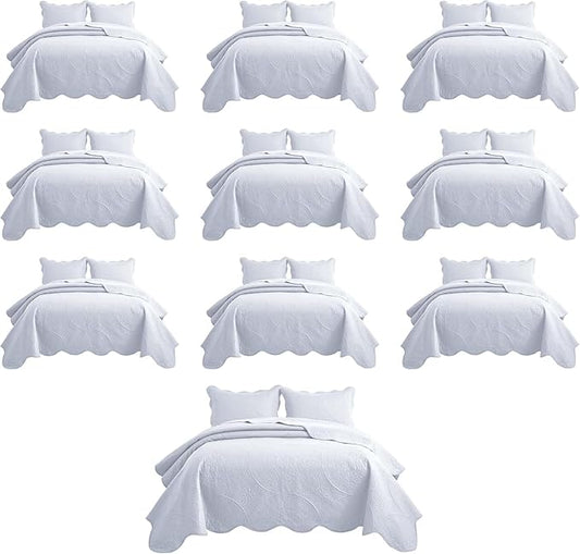 MOONLIGHT20015 10 Pack Twin Quilt Bedding Set (68" x 86") - Bulk Wholesale for Hotels, Guest Bedroom & Airbnbs - Lightweight Microfiber Reversible Floral Embossed Quilts Bedspreads (White)