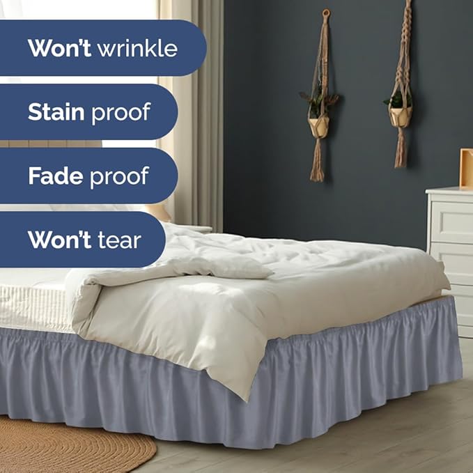 Wrap Around Dust Ruffle Bed Skirt - Steel Blue - for King Size Beds w/ 15 Inch Drop - Easy Fit Elastic Strap - Adjustable Pleated Bedskirt w/Brushed Fabric - Wrinkle Free, Women, Men, Kids & Teens