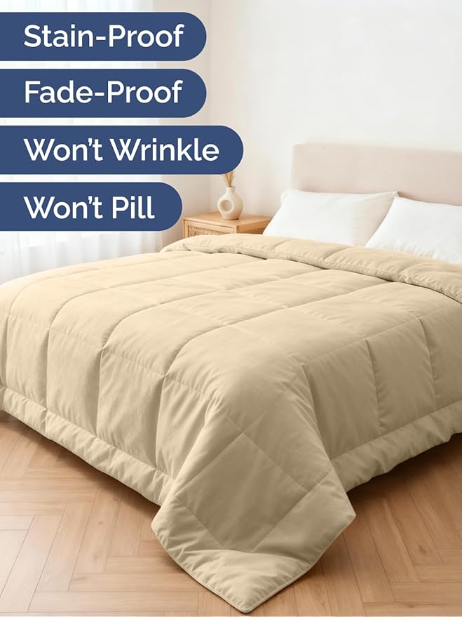 Full Size, Beige Alternative Down Comforter - Warm, Lightweight & Breathable Hotel Quality Bedding Set for Men, Women, Kids and Teens - All Season Oversized Cooling Microfiber Duvet Insert Comforter