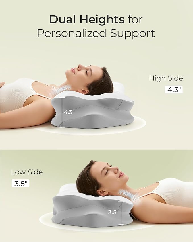 Cervical Neck Pillow for Neck Pain Relief, Ergonomic Contour Memory Foam Pillow with Cooling Pillowcase, Orthopedic Support Pillows for Side Back Stomach Sleepers, Gray