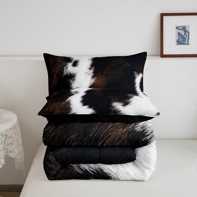 Brown Cowhide Comforter Set King,Black White Aztec Cow Print Bedding Set Western Farmhouse Animal Fur Down Comforter for Kids Boys Girls,Rustic Cowboy Quilt Duvet Set 2 Pillow Cases Bedroom Decor