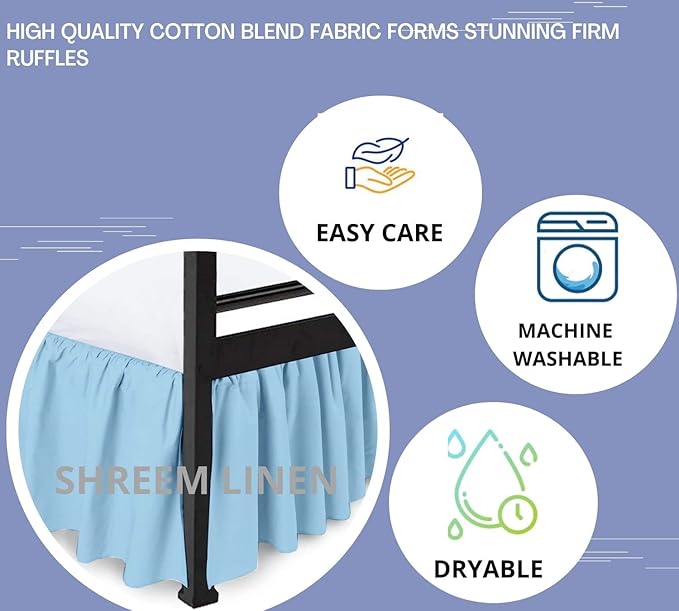 Shreem Linen Ruffled Bed Skirt with Split Corners, Gathered Style, 100% Microfiber, 30-Inch Drop, Dust Ruffle Bedskirt with Platform, Full-XL, Light Blue