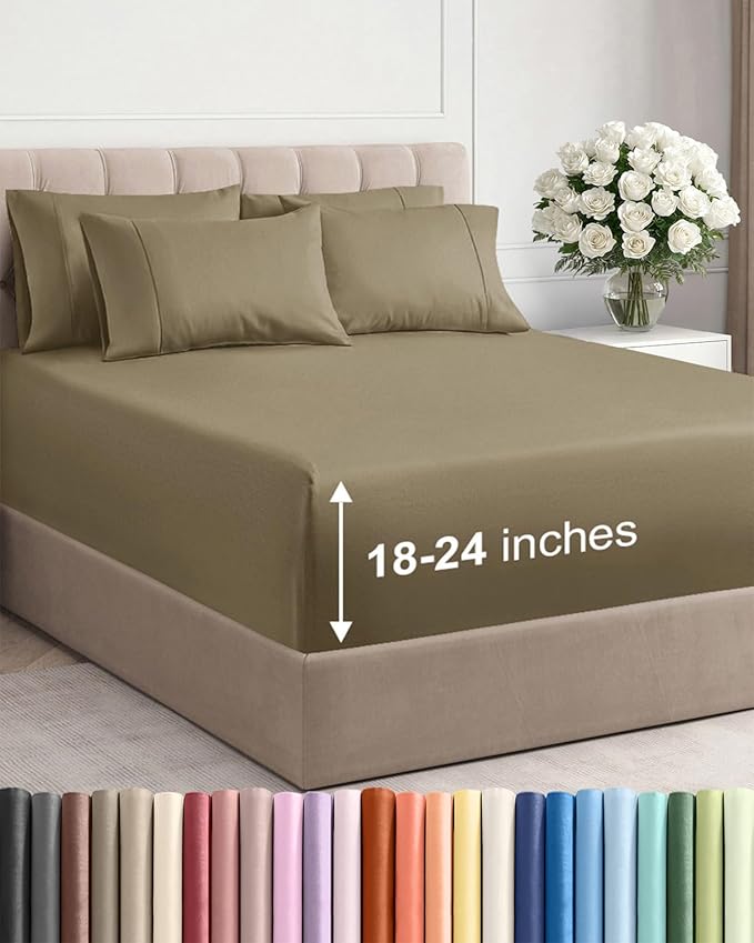 Extra Deep Full Sheet Set - 6 Piece Breathable and Cooling Sheets - Hotel Luxury Bedding for Women, Men, Kids & Teens - Easy & Secure Fit - Soft, Wrinkle Free and Comfy - Extra Deep Pockets - Khaki