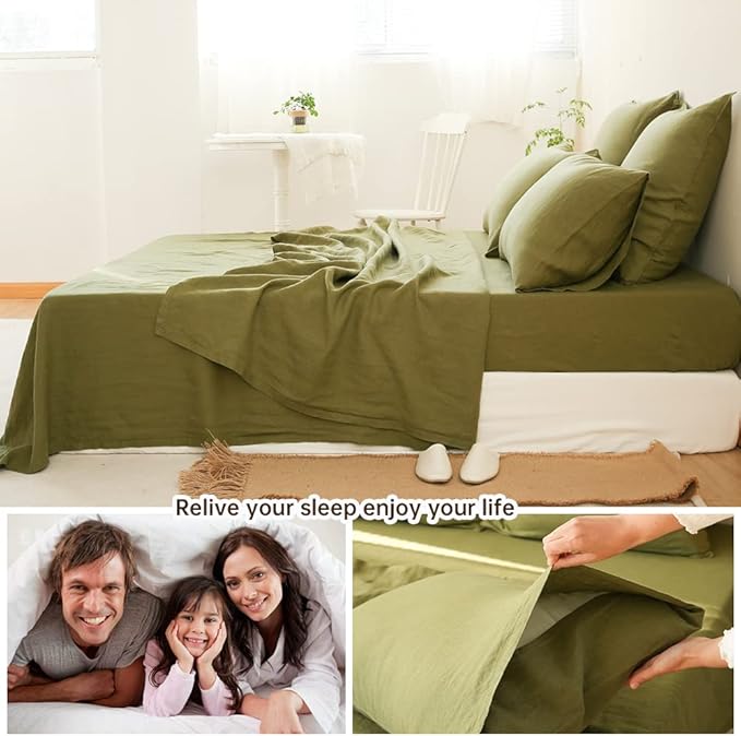 Simple&Opulence Washed Linen Bed Sheet Set Basic Style 4 Pieces (1 Flat Sheet & 1 Fitted Sheet & 2 Pillowcases) 100% Natural French Flax Soft Breathable Farmhouse Bedding (Queen, Olive Green)