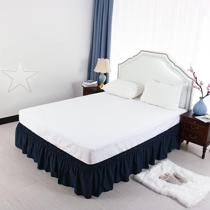 Bed Skirt - Wrap Around Bed Skirts Elastic Dust Ruffles, Easy Fit Wrinkle and Fade Resistant Luxurious Fabric Solid Color, Navy Blue Short Queen Size Beds 15 Inch Drop
