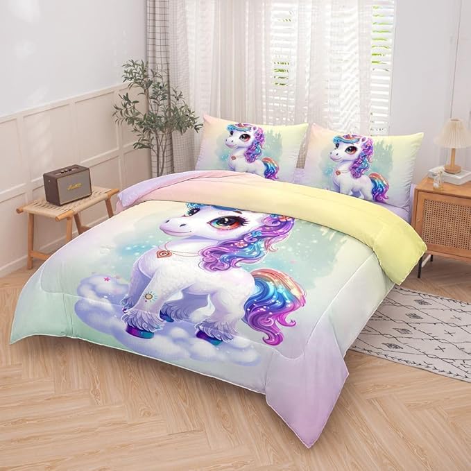 Pink Unicorn Comforter Sets,Twin Comforter Set for Girls,Cute Unicorn Bedding Set for Kids,Girls,Teens,All Season Use