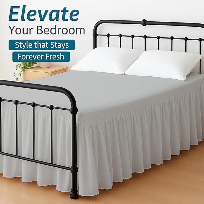 Shreem Linen Ruffled Bed Skirt with Split Corners, Gathered Style, 100% Microfiber, 24-Inch Drop, Dust Ruffle Bedskirt with Platform, Twin, Light Grey