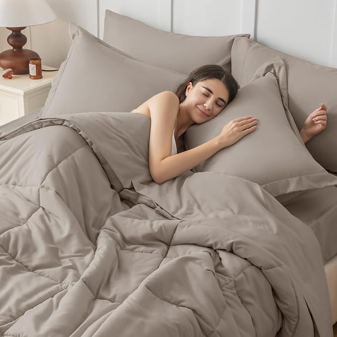 JOLLYVOGUE King Comforter Set, Ultra-Soft Bed in a Bag King Size 7 Pieces, Oeko-TEX Certified Bedding Set with Down Alternative Comforter, Sheets, Pillowcases & Shams, Khaki