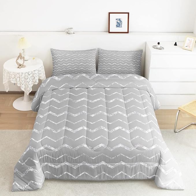 Feelyou Grey Comforter Set Full Size for Teen Girls Boys Women, Gray and Silver Bedding Set, 3 Piece Lightweight Microfiber Reversible Comforter (1 Comforter + 2 Pillow Shams)
