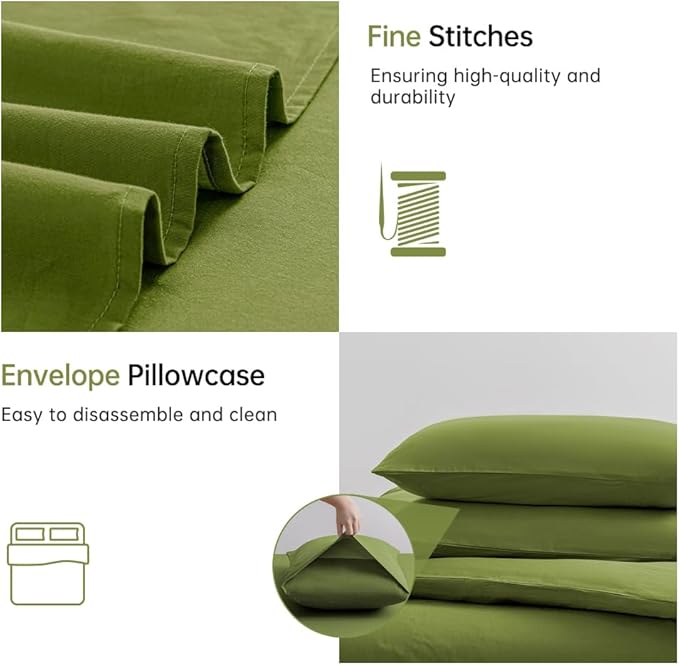 JELLYMONI Christams Duvet Cover Queen Size - 100% Washed Cotton Linen Like Textured Comforter Cover, 3 Pieces Breathable Soft Bedding Set with Zipper Closure (Avocado Green, Queen 90"x90")