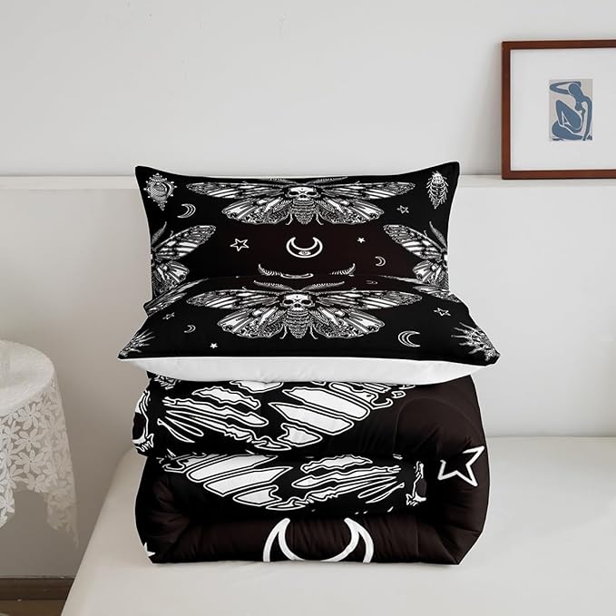 Feelyou Boys Boho Moth Comforter Set Twin Size Men Gothic Skull Bedding Set for Girls Women Bedroom Decor Bohemian Moon Star Comforter Personalized Moth Skull Skeleton Bones Duvet Set Teens Quilt Set