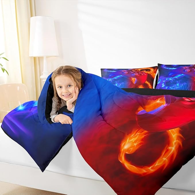 Ice Fire Dragon Comforter Set for Boys Teens Kids Gamer Games Room Decor Bedding Set Blue Red Gaming Gamepad Down Comforter ,Fairy Tale Animals Theme Room Decor 2Pcs Duvet Insert Twin Size,Soft