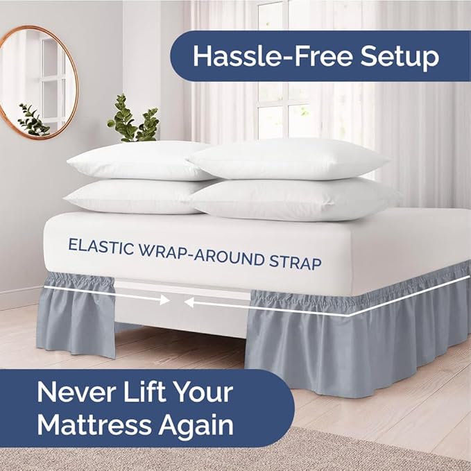 Wrap Around Dust Ruffle Bed Skirt - Steel Blue - for Full Size Beds w/ 12 Inch Drop - Easy Fit Elastic Strap - Adjustable Pleated Bedskirt w/Brushed Fabric - Wrinkle Free, Women, Men, Kids & Teens