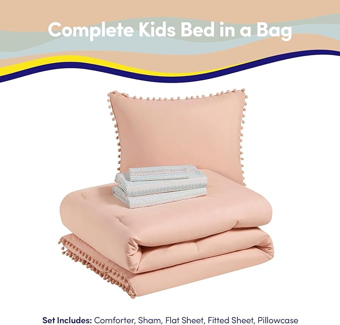 Kids Comforter Set Twin Size – Bed in a Bag with Sheets, Pillowcases & Shams – Soft Stylish Pom Pom Bedding – All Season Girls Bed Set