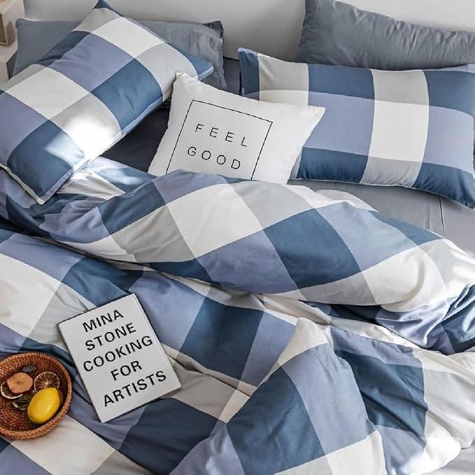 Plaid Comforter Set Blue White Checkered Bedding Comforter King Size Fluffy Soft Geometric Plaid Grid Comforter Set for All Seasons Farmhouse Bedding Set Checkered Pattern Comforter with 2 Pillowcases