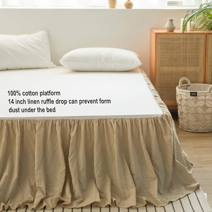 Simple&Opulence Belgian Linen Bed Skirt with Classic 14 inch Tailored Drop Dust Ruffle, Easy Fit Breathable Premium Natural Flax- Pleated Linen, Twin