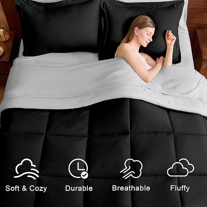 FUANNA Full Size Comforter Sets 7 Pieces, Reversible Bed in a Bag with All Season Soft Comforter, Bedding Sets Includes Comforter, Flat Sheet, Fitted Sheet, Pillowcases & Shams, Black & Light Grey