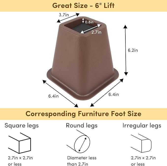 DEDU Bed Risers 6 Inch Heavy Duty 4 Pack, Furniture Risers for Sofas Oversized, Couch Risers with Non-Slip Pad Supports Up to 2200 Lbs for Bed, Desk, Chair (Tobacco)