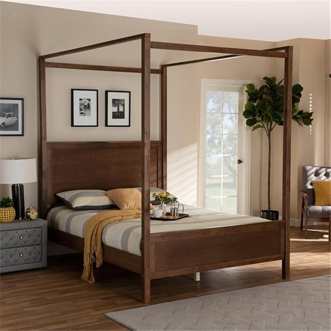 BOWERY HILL Queen Size Wood Platform Canopy Bed, Walnut Finish, Rubberwood and MDF Construction, Tall Beams for Drapes, Inset Paneling, 87.3 in Canopy Height, No Box Spring Needed, Bedroom Furniture