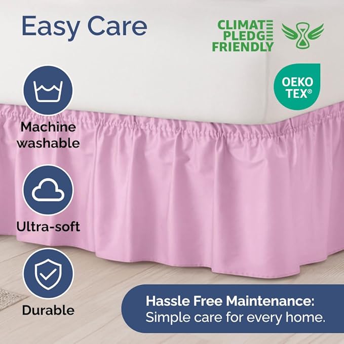 Wrap Around Dust Ruffle Bed Skirt - Light Pink - for King Size Beds with 18 Inch Drop - Elastic Strap - Adjustable Pleated Bedskirt with Brushed Fabric and Wrinkle Free - for Women, Men, Kids & Teens