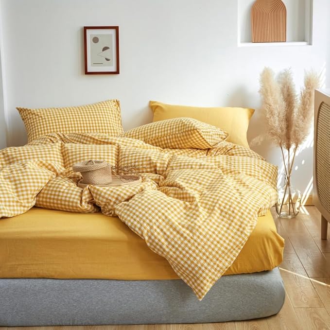 LifeTB Yellow Gingham Duvet Cover King 100% Washed Cotton Plaid Checked Duvet Cover Set Modern Soft 3 Piece Grid Bedding Set Breathable Gingham Checkered Comforter Cover with Zipper Ties