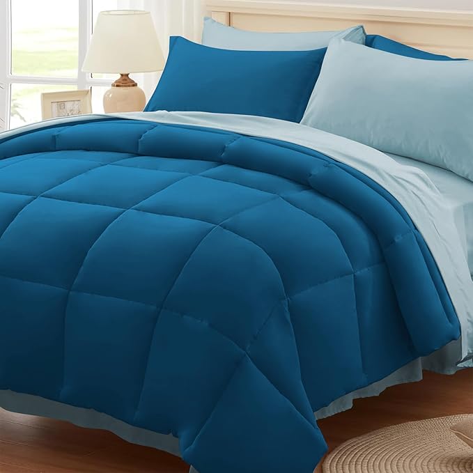 Anluoer King Comforter Set,Teal&Light Blue Bed in a Bag 7 Piece,Lightweight Bedding Set with Soft Down Alternative Fill,Bed Set Includes Comforter, Fitted Sheet, Flat Sheet,Pillowcases and Shams