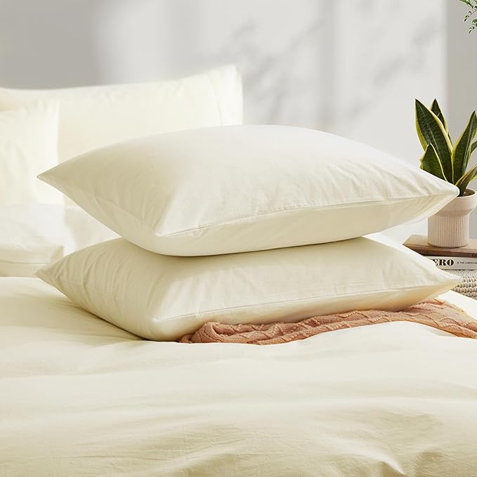 Cream White Cotton Duvet Cover with Zipper Closure, Linen-Like Natural Bedding Set (No Comforter), Queen Size, Duvet Cover (90"x90") x 1, Pillowshams(20"x26") x 2