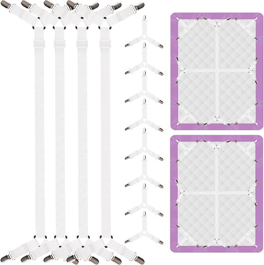 EasYoung 12PCS Bed Sheet Straps, Secure & Adjustable Fitted Sheet Holders for Full, Queen, King & More, Heavy Duty Nylon & Metal Clips