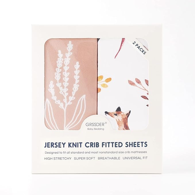 Stretch Ultra Soft Jersey Knit Fitted Crib Sheets Set 2 Pack，Fits All Standard Crib Mattress Pads Safe and Snug, Crib Fitted Sheet for Baby, Pretty Fox for Girls