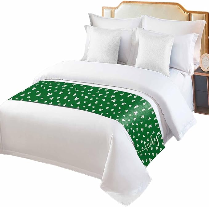 St Patrick's Day Lucky Leaves Bed Runners for Bedroom Hotel,Decorative Bedding Scarf White Shamrock on Green Bed End Blanket Bedding Runner Scarves for Full Size Bed,83x20in