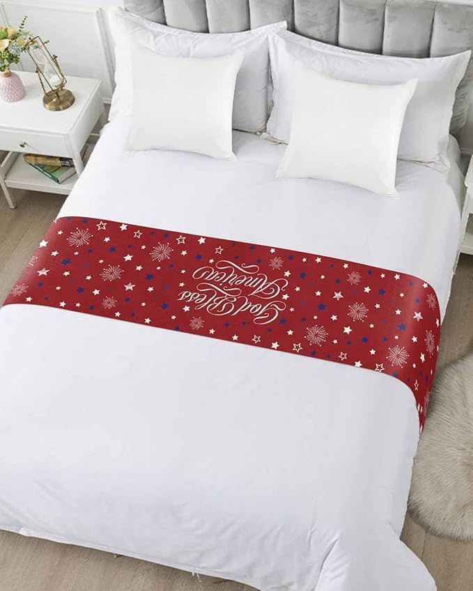 Independence Day Blue White Star Bed Runners for Bedroom Hotel,Decorative Bedding Scarf Freedom Celebration on Red Bed End Blanket Bedding Runner Scarves for Queen Size Bed,94x20in