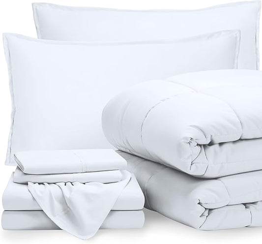 Bare Home Bed-in-A-Bag 7 Piece Comforter & Sheet Set - Queen - Goose Down Alternative - Ultra-Soft 1800 Premium - Bedding Set (Queen, White/White)