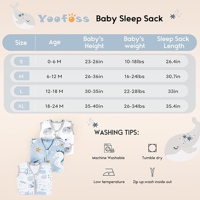 Yoofoss Baby Sleep Sack 18-24 Months 0.5 Tog Wearable Blanket for Baby, 3 Pack 100% Organic Cotton Infant Toddler Sleeping Sack 2-Way Zipper Lightweight Sleep Sack