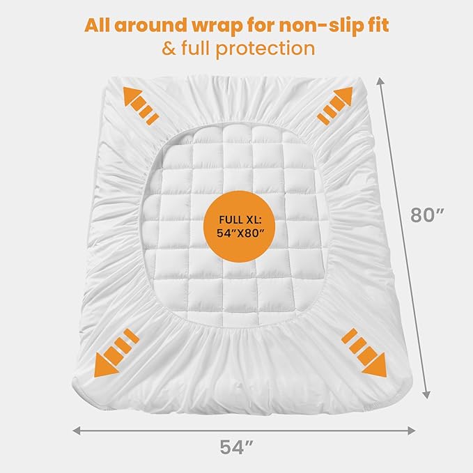 MATBEBY Full XL Mattress Pad - Cooling Breathable Mattress Topper, Quilted Fitted Mattress Protector, Pillow Top Mattress Cover with 8-21" Deep Pocket, Soft, Machine Washable, White, Full Extra Long