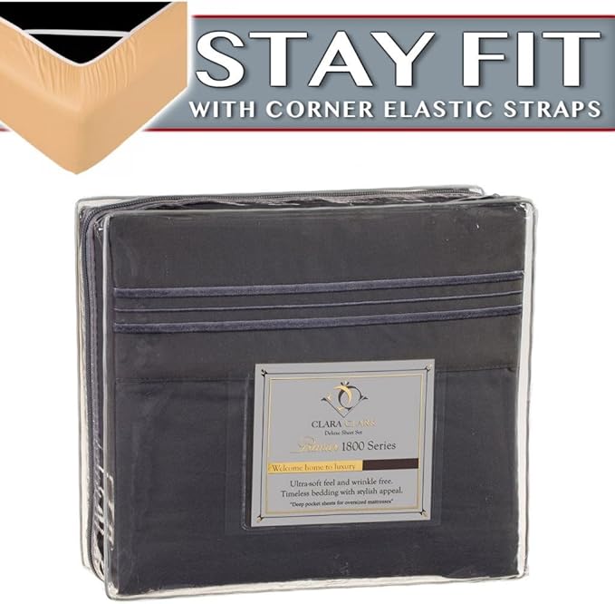 Clara Clark 1800 Series Bed Sheet Sets - Stay fit on Mattress with Elastic Straps at Corners - Twin (Single), Charcoal Stone Gray (75”x39” Fits XL)