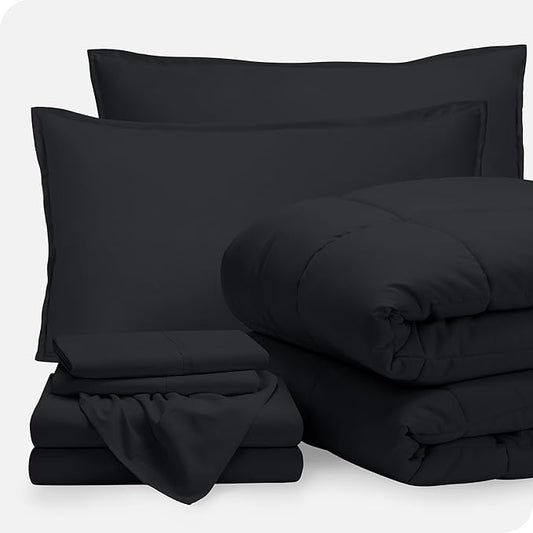 Bare Home Bed-in-A-Bag 7 Piece Comforter & Sheet Set - Full - Goose Down Alternative - Ultra-Soft 1800 Premium - Bedding Set (Full, Black/Black)