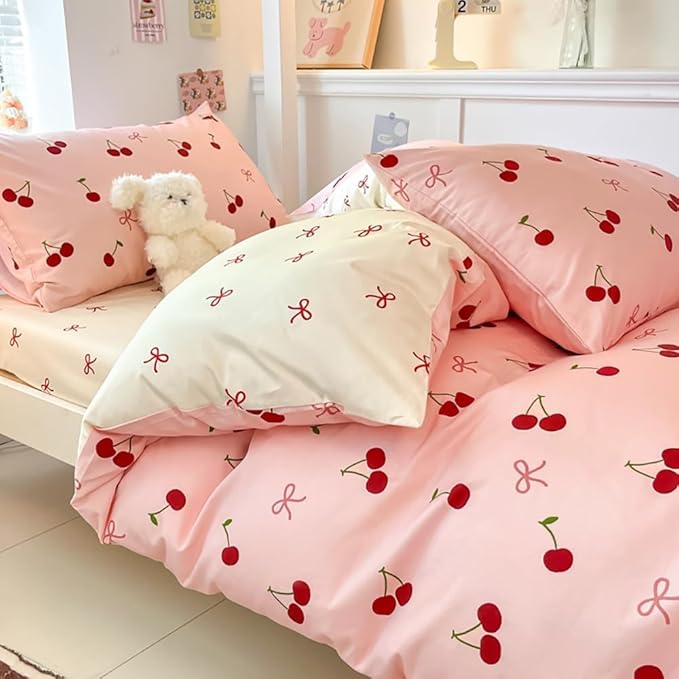 Nayoroom Duvet Cover Queen Size - Reversible Pink Bow Red Cherry Patterned Duvet Cover, 3 Pieces Soft Lightweight Microfiber Kids Girls Cute Aesthetic Dorm Bedding Set