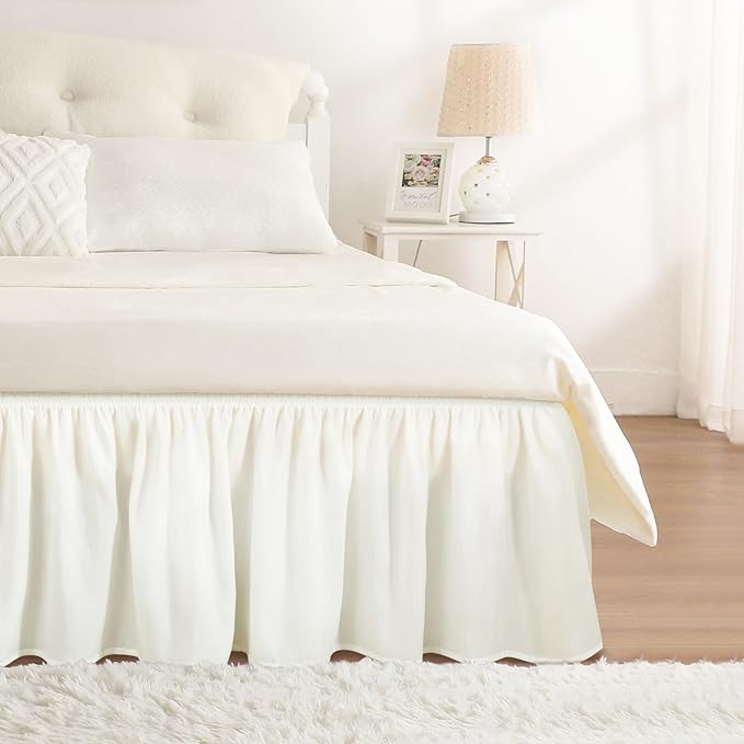 RIMELA White Bed Skirt Queen Size 12 Inch Drop, Wrap Around Elastic Adjustable Bedskirt, Bed skirting Dust Ruffle for Bed Frame & Box Spring Soft Durable Fabric Machine Washable Easy to Install