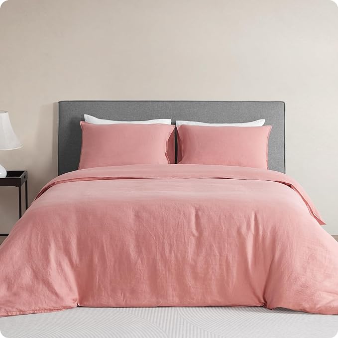 DAPU 100% Linen Duvet Cover Set - Pure Natural French Flax Linen with Corner Ties and Zipper Closure Soft Breathable Durable for Hot Sleepers 1 Duvet Cover 2 Pillowcases (Pink Clay, King)