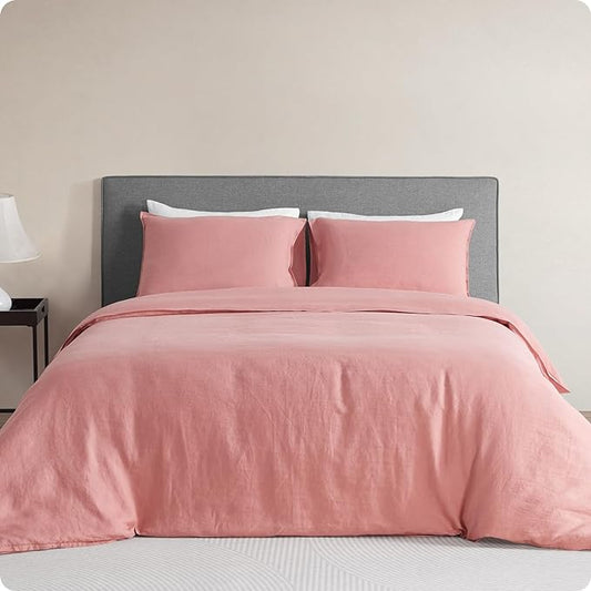 DAPU 100% Linen Duvet Cover Set - Pure Natural French Flax Linen with Corner Ties and Zipper Closure Soft Breathable Durable for Hot Sleepers 1 Duvet Cover 2 Pillowcases (Pink Clay, King)