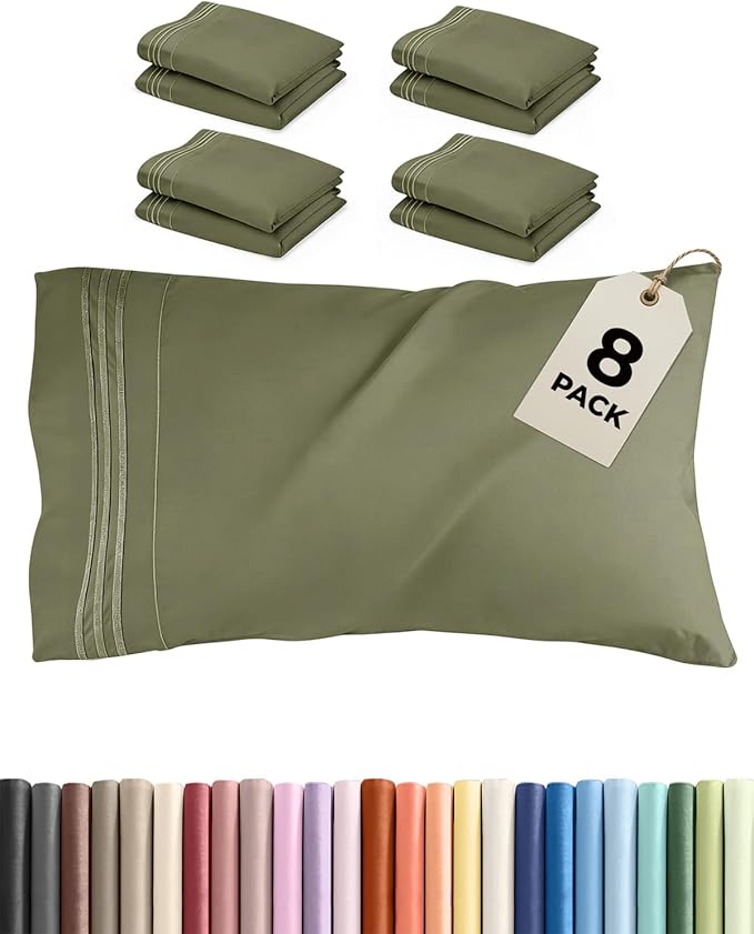 Queen Pillow Cases Set of 8 - Ultra Soft Hotel Quality Pillowcase Covers - Comfy, Cozy & Wrinkle Free - Shrink, Stain & Fade Resistant - Machine Washable Pillow Protectors - 8 Piece Set - Sage Green