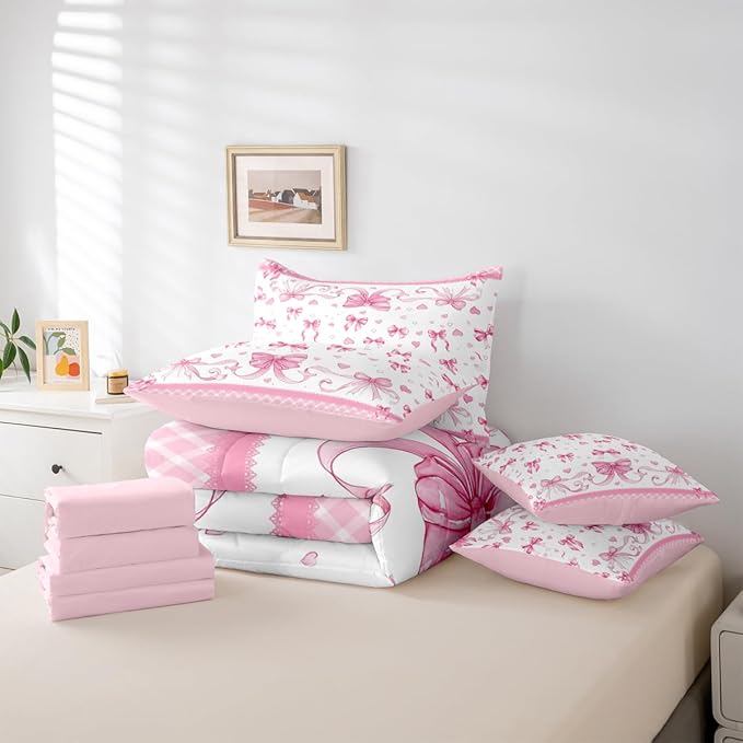 Feelyou Pink Bowknot Comforter Set with Sheets 7 Piece King Size Dreamy Princess Bed in a Bag Kids Boys Girls Cute Bow Bedding Set Love Hearts Bedroom Decor Breathable Soft Lightweight Microfiber