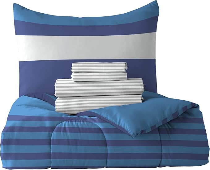 Dream Factory Kids 7-Piece Complete Bed Set Easy-Wash Super Soft Microfiber Comforter Bedding, Full, Blue Rugby Stripe,2D872702BL