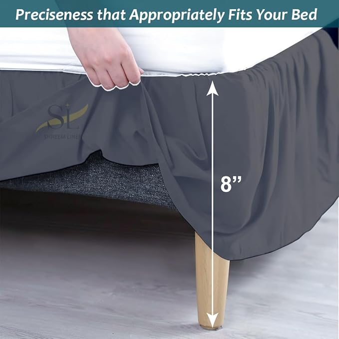 Shreem Linen Ruffled Bed Skirt with Split Corners, Gathered Style, 100% Microfiber, 8-Inch Drop, Dust Ruffle Bedskirt with Platform, Short Queen, Dark Grey