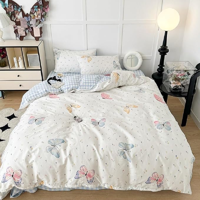 Nayoroom Butterfly Duvet Cover Queen Size Reversible Blue White Gingham Bedding Set 3 Pcs Kids Girls Colorful Butterflies Comforter Cover with Zipper Closure Soft Breathable Microfiber