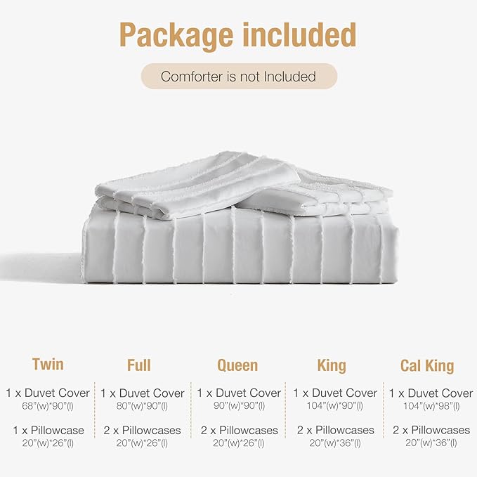Lekesky White Duvet Cover Queen Size, Striped Tufted Textured Queen Duvet Cover Set 3pcs Ultra Soft Microfiber Breathable Shabby Chic Boho Bedding Sets with Zipper Ties (No Comforter)