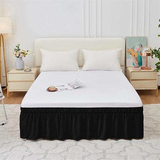 GIBZ Adjustable Wrap Around Ruffled Bed Skirt, Elastic Dust Ruffles Easy Fit Wrinkle & Fade Resistant, Machine Washable, Full 16" Drop, Black